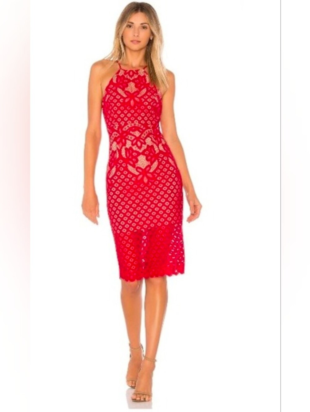 Bardot Red Lace Halter Midi Dress Size M/8